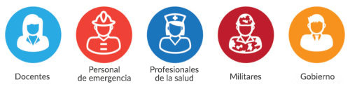 Íconos que representan a docentes, personal de emergencia, profesionales de la salud, militares y funcionarios del gobierno